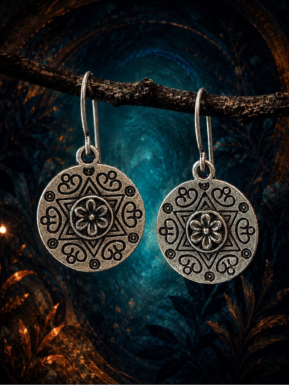 Antiqued Silver Floral Medallion Artisan Dangle Earrings